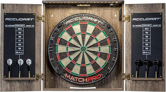 Accudart Match Pro Dartboard Cabinet Set - Official Size - Self Healing Sisal - Modern Style Woodgrain - Two Built-in Dartholders - LED Lighting - Includes Scoreboard, Chalk, Eraser, and Six Darts