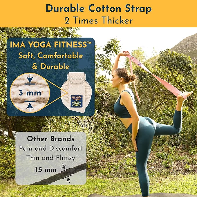 Adaptive Yoga Strap, Stretching Strap, 2 Inches Wide, 100% Naturally Soft Cotton, Steel D-Rings, Includes Natural Cotton Drawstring Storage Pouch and Instructional E-Book