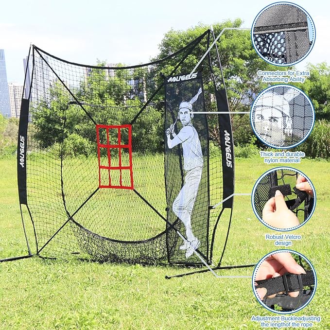 7'X7' Baseball Softball Practice Net,Pitching Net,Batting Net,with Baseball Tee,Bonus Strike Zone and Bow Frame,for Hitting,Pitching, Catching