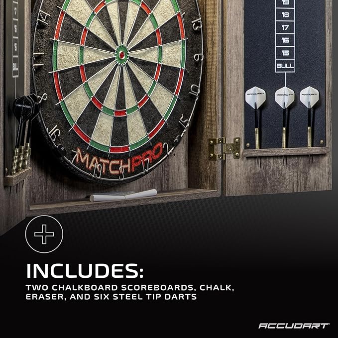 Accudart Match Pro Dartboard Cabinet Set - Official Size - Self Healing Sisal - Modern Style Woodgrain - Two Built-in Dartholders - LED Lighting - Includes Scoreboard, Chalk, Eraser, and Six Darts
