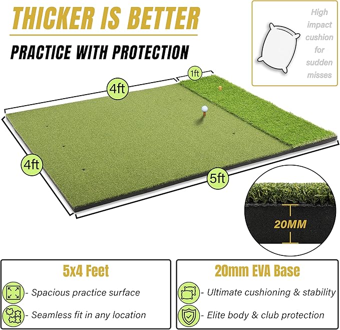 6x4ft Extra Large & 5x4ft Extra Thick Premium Golf Mat | Golf Mats Practice Indoor, Outdoor, or with Simulator/Net | Durable Golf Hitting Mat with Tees