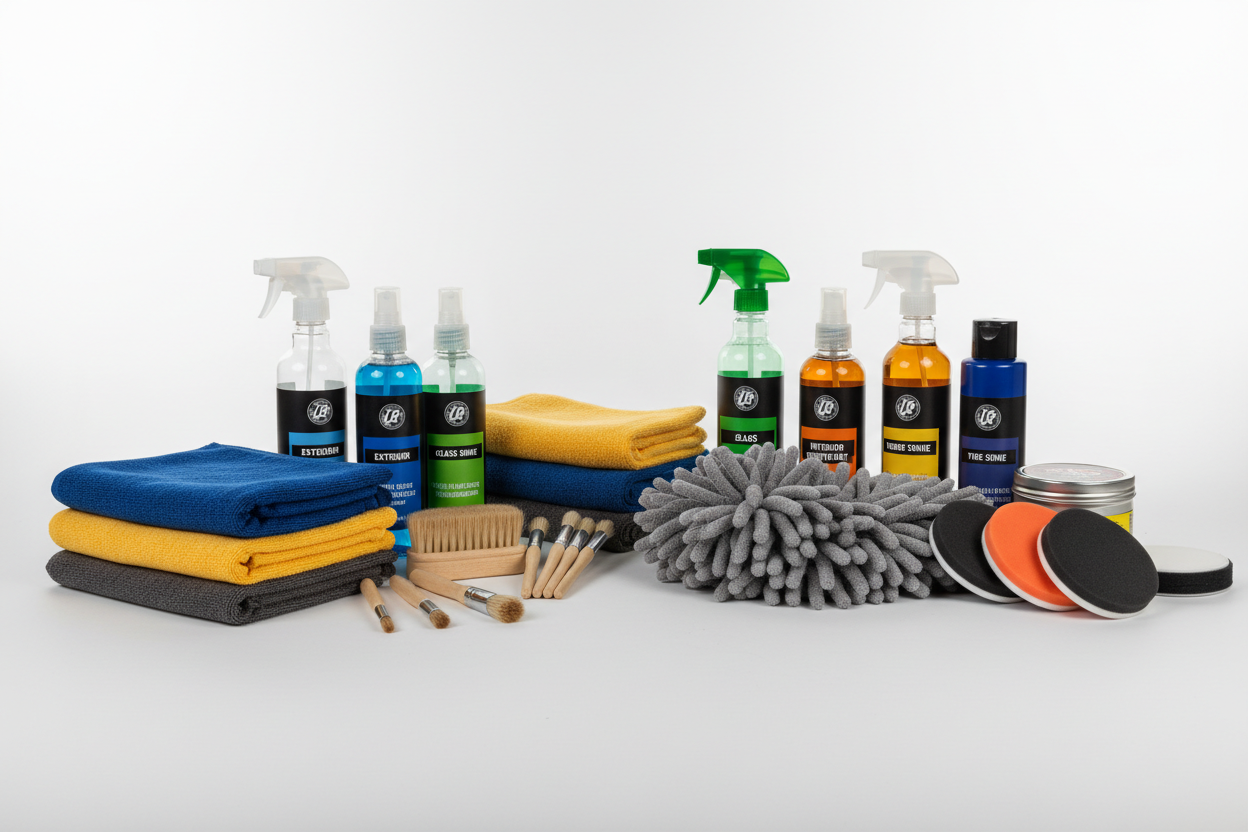 Car Care Essentials – Cleaning tools, detailing kits, and maintenance must-haves. (make it real photo)