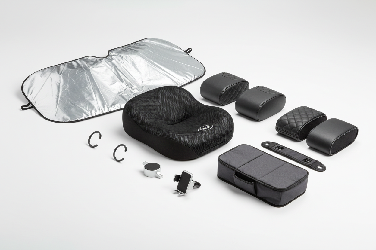 Comfort & Convenience Items – Seat cushions, sunshades, armrest accessories. (make it real photo)