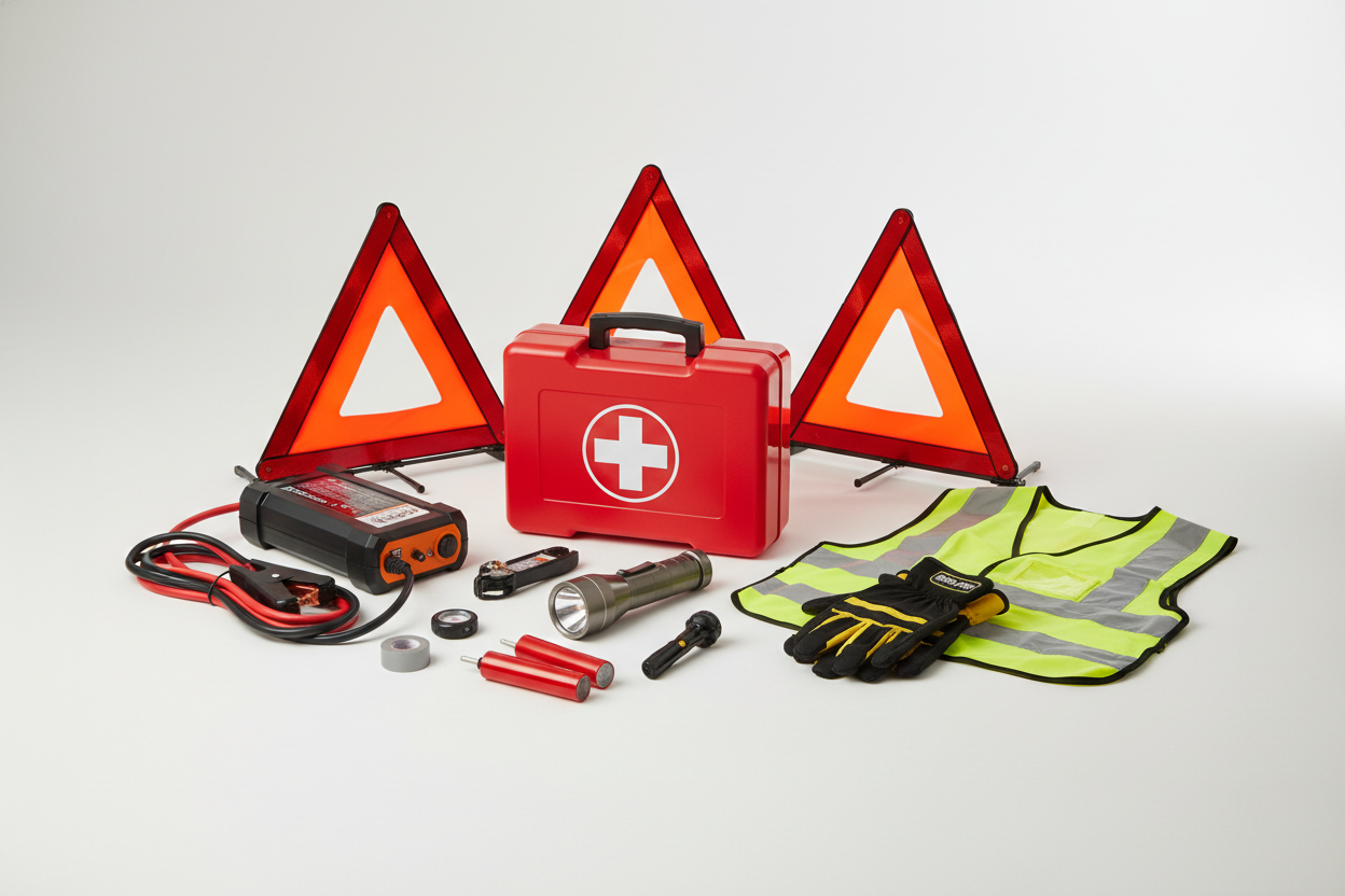 Safety & Emergency Gear – First-aid kits, jump starters, and roadside essentials. (make it real photo)